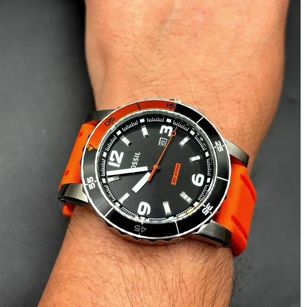 Fossil Sport AM4259 Dive Style Orange Silicone Strap Men’s Watch 46mm 10 ATM NIB